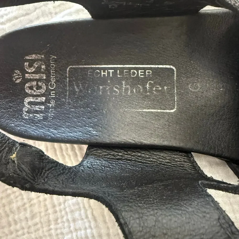 Meisi Women Sandals Size 6 Slides Black Leather Comfort Adjustable Strap Germany